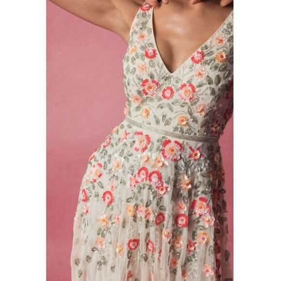 Mac Duggal 5527 Size 12 Ivory White Floral Beaded Sequin V-Neck Midi‎ Gown Dress - Picture 4 of 7